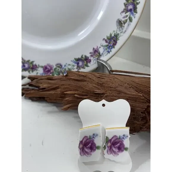 Handmade Broken China Earrings Flower Rose Botanical Pink White Gold Earrings - Picture 2 of 4